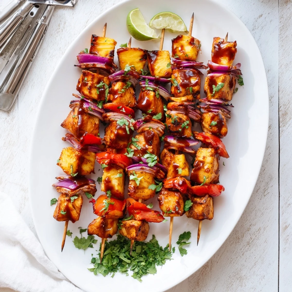 Close-up view of Chicken and Pineapple BBQ Skewers with charred edges, vibrant red peppers, and caramelized pineapple pieces on wooden sticks.