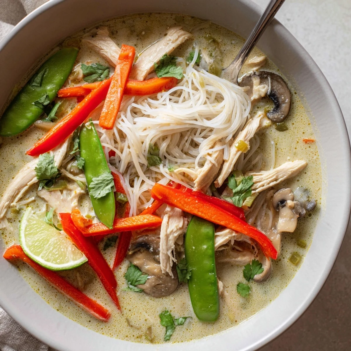 Steaming Thai Green Curry Chicken Noodle Soup with tender chicken slices and colorful vegetables in creamy green broth.