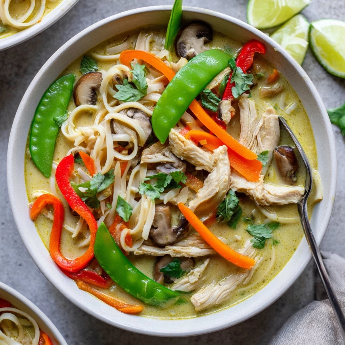 Aromatic Thai Green Curry Chicken Noodle Soup features broth with coconut milk, snap peas, and sliced red chili.