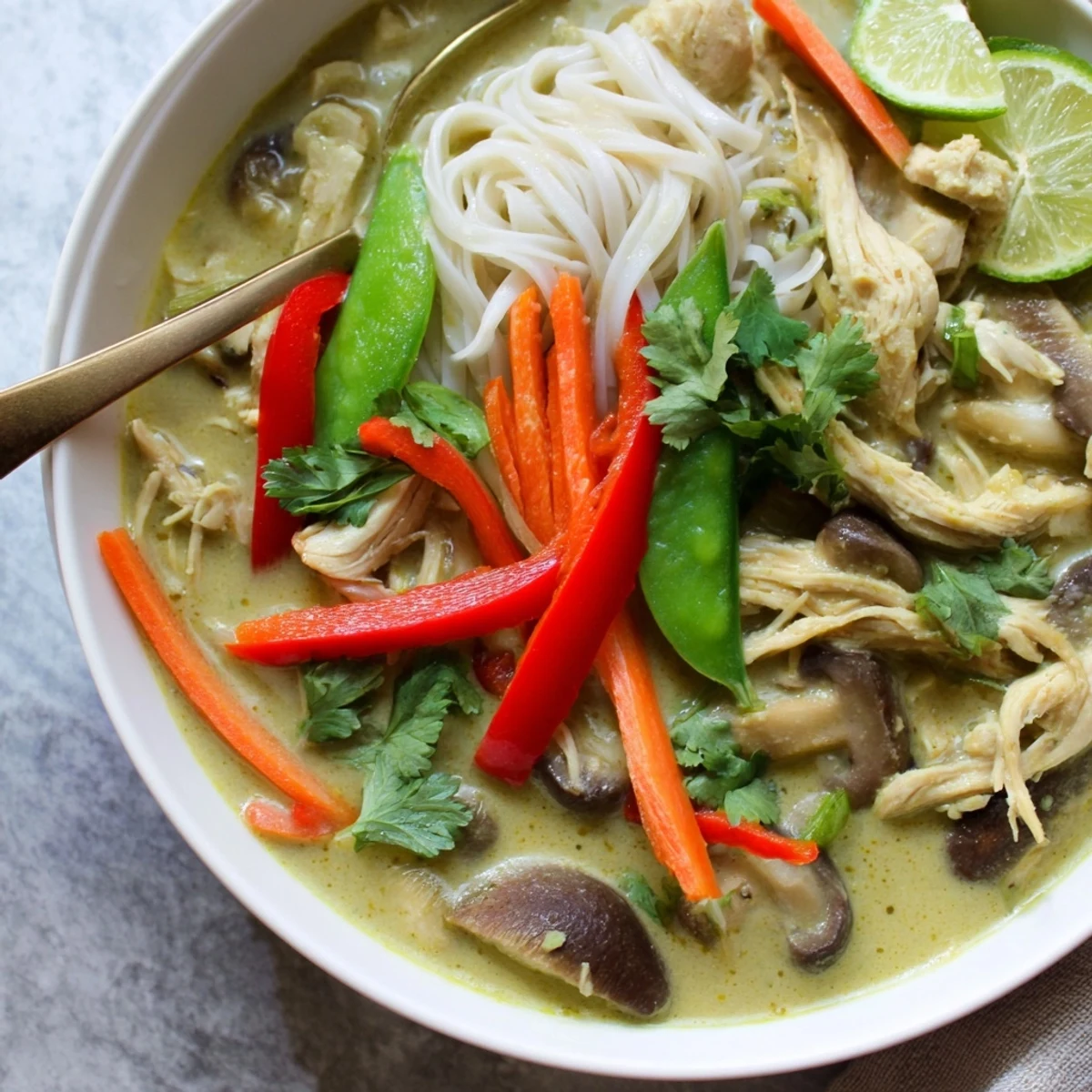 Spicy Thai Green Curry Chicken Noodle Soup served in a bowl with rice noodles, lime wedges, and fresh herbs.