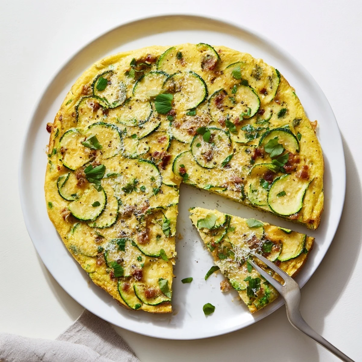 Golden Zucchini Herb and Pancetta Frittata slices sit on a rustic wooden board, garnished with fresh parsley for a bright Italian brunch.