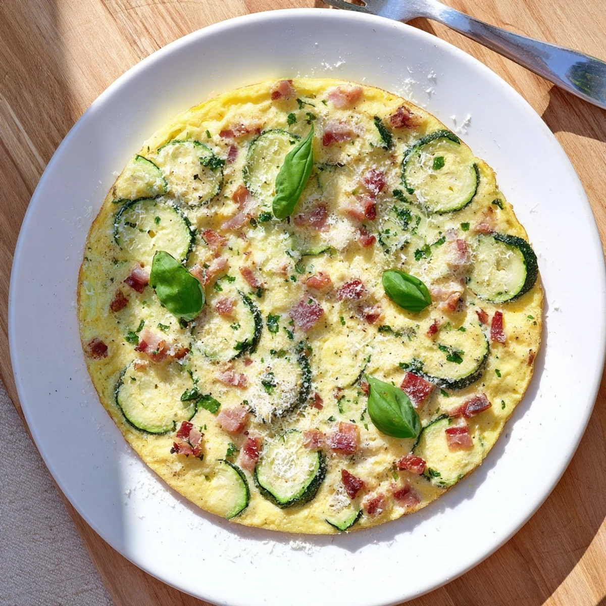 A close-up of Zucchini Herb and Pancetta Frittata reveals fluffy eggs, tender zucchini, and crisp pancetta on a white ceramic plate.