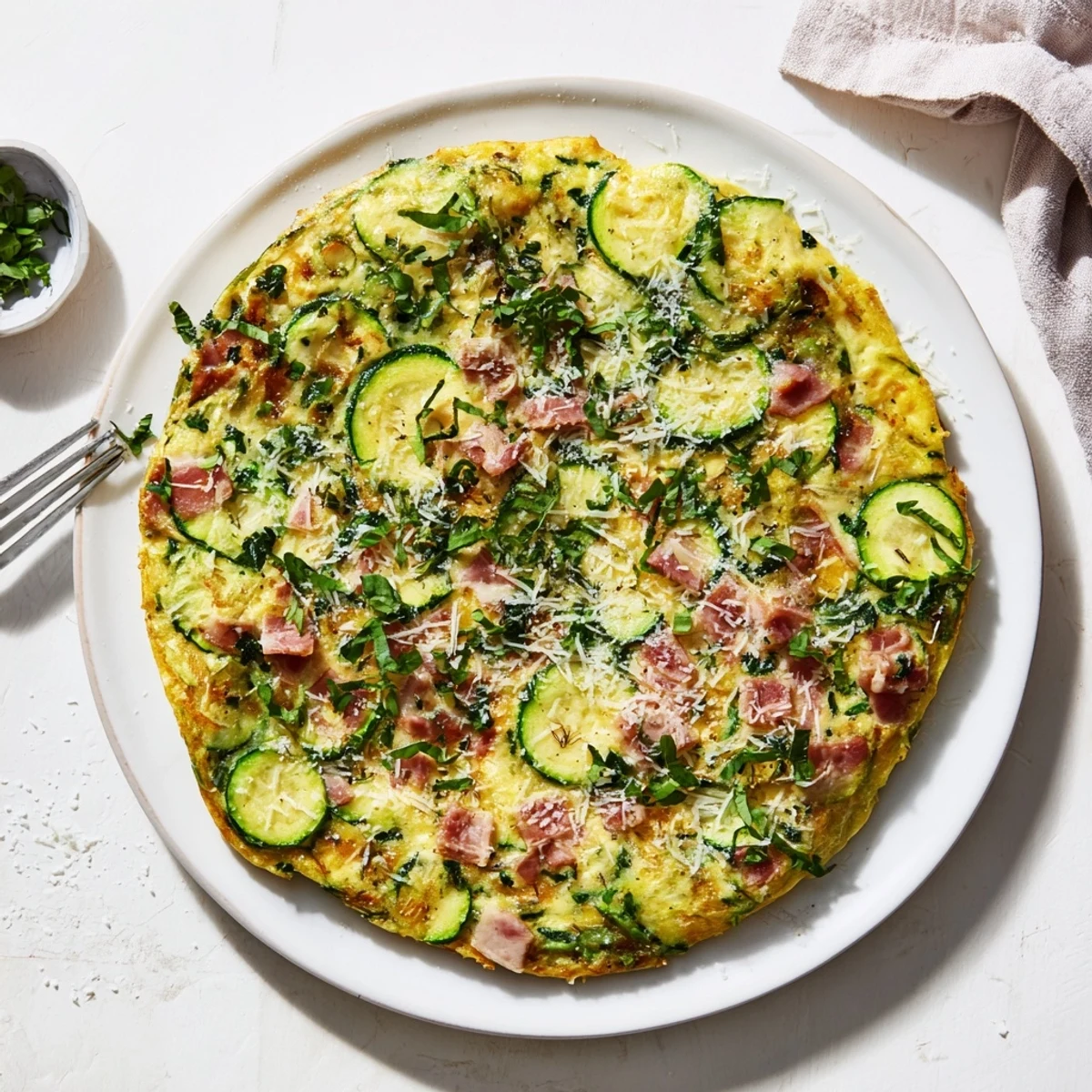 Sliced Zucchini Herb and Pancetta Frittata served alongside a green salad, showcasing melted Parmesan and fresh basil for a healthy meal.