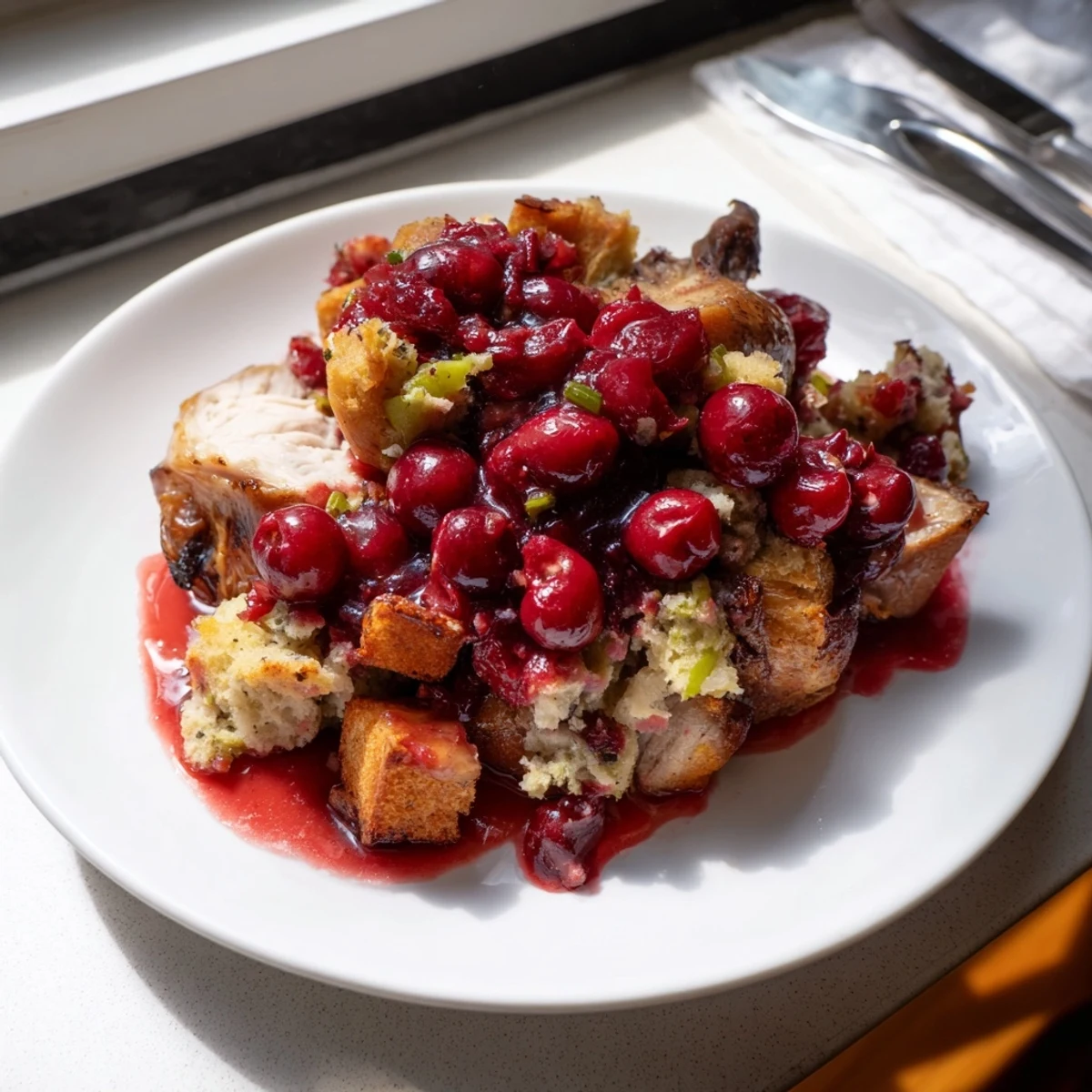 Golden-brown Cherry Roast Chicken with Sage Stuffing and Cherry Sauce rests on a platter, garnished with fresh sage and vibrant red cherries.