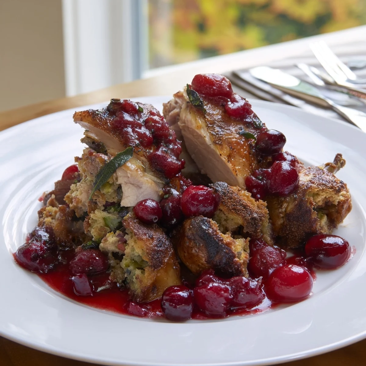 Perfectly roasted Cherry Roast Chicken with Sage Stuffing and Cherry Sauce is ready to serve, paired with roasted vegetables and a glass of red wine.