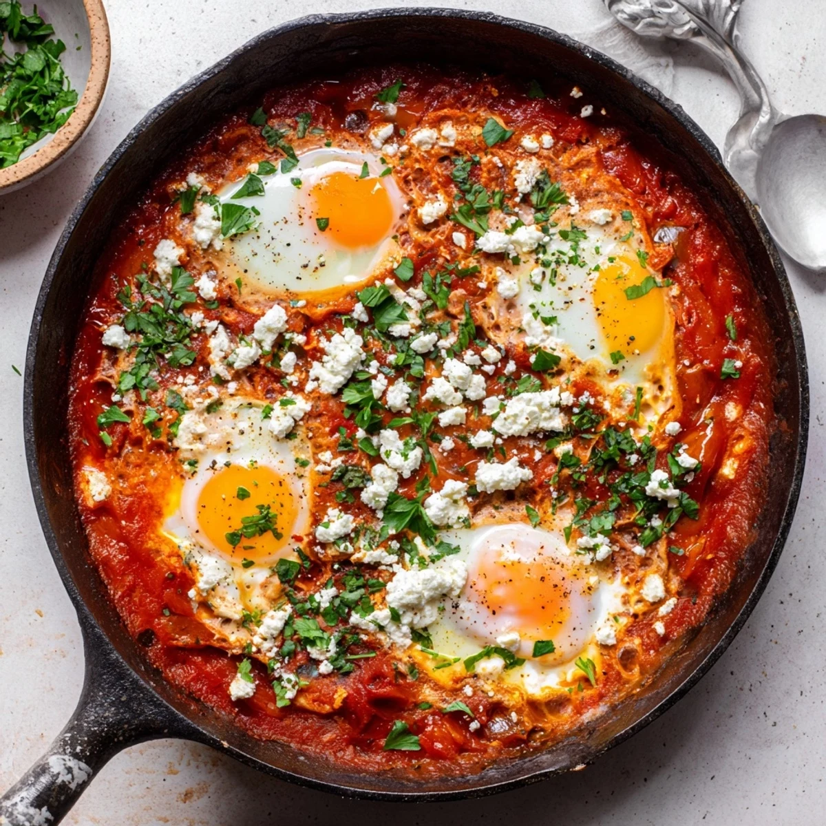 Vibrant red sauce with poached eggs, garnished with fresh cilantro and crumbled feta on a skillet.
