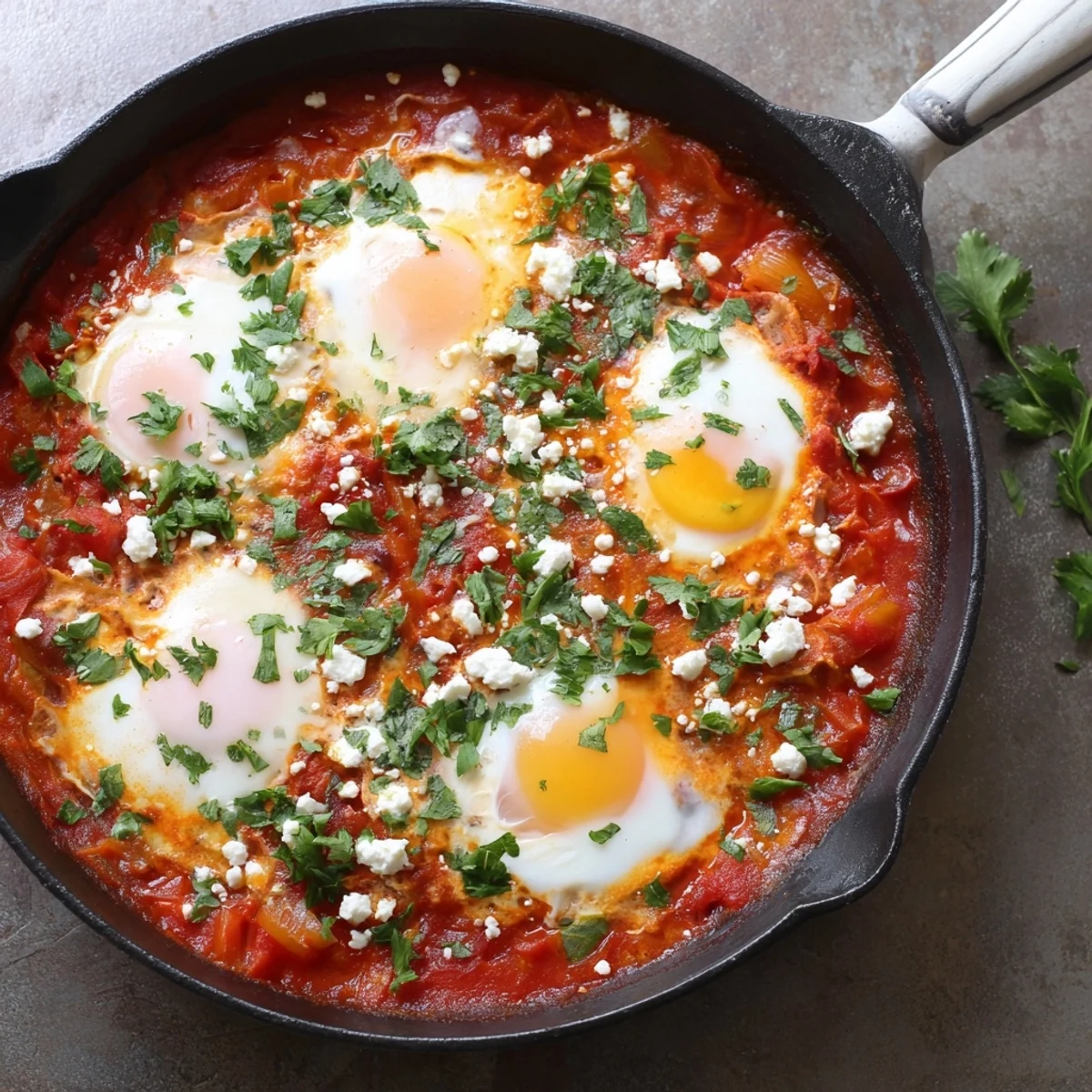Fork breaking into runny yolk over Quick Shakshuka Eggs in rich pepper sauce, with parsley garnish.