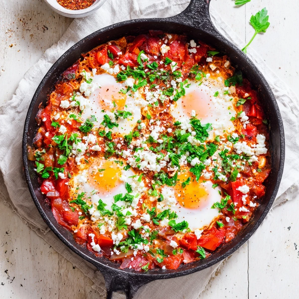 Golden yolks peek from spicy tomato sauce in this Quick Shakshuka Eggs, served with crusty bread.