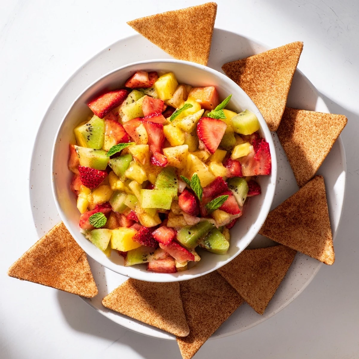 A close-up of vibrant Fruit Salsa With Cinnamon Sugar Tortilla Chips on a white plate.