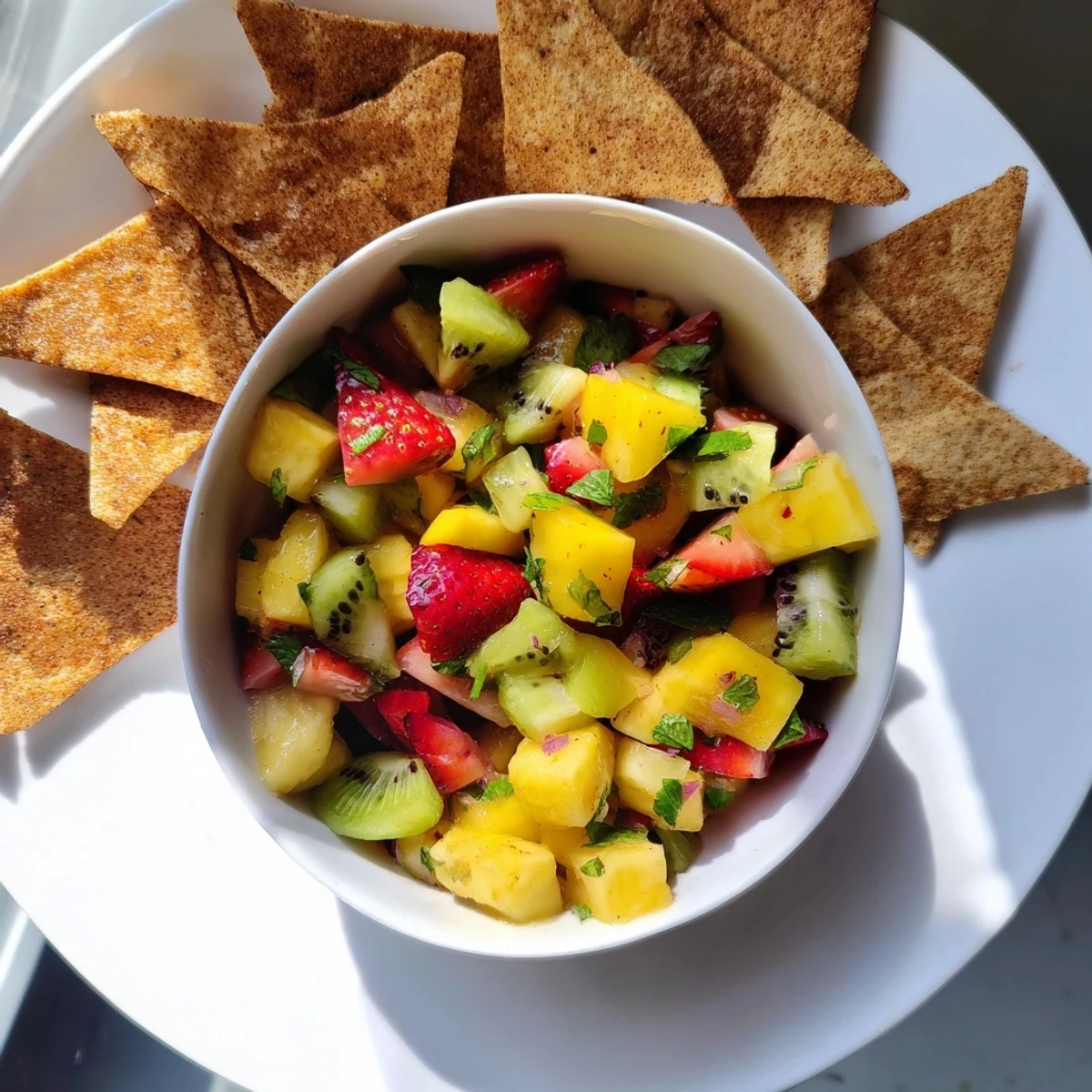 Close-up of fresh diced mango, kiwi, and strawberry salsa in a glass bowl with mint garnish.