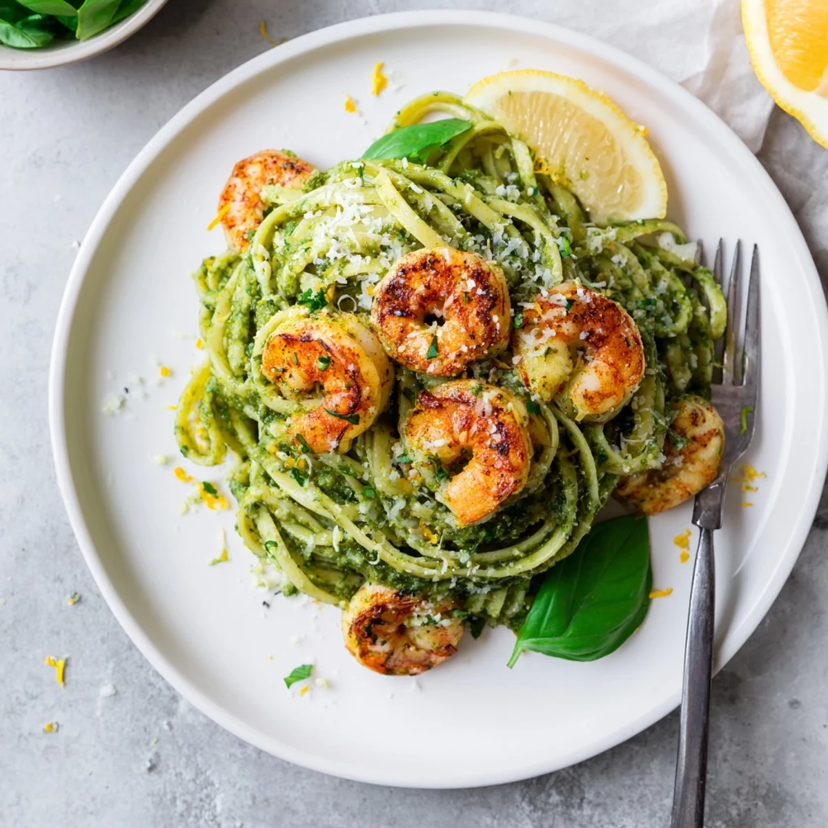 Linguine pasta layered with fresh basil pesto and succulent grilled shrimp stack, finished with olive oil and Parmesan.