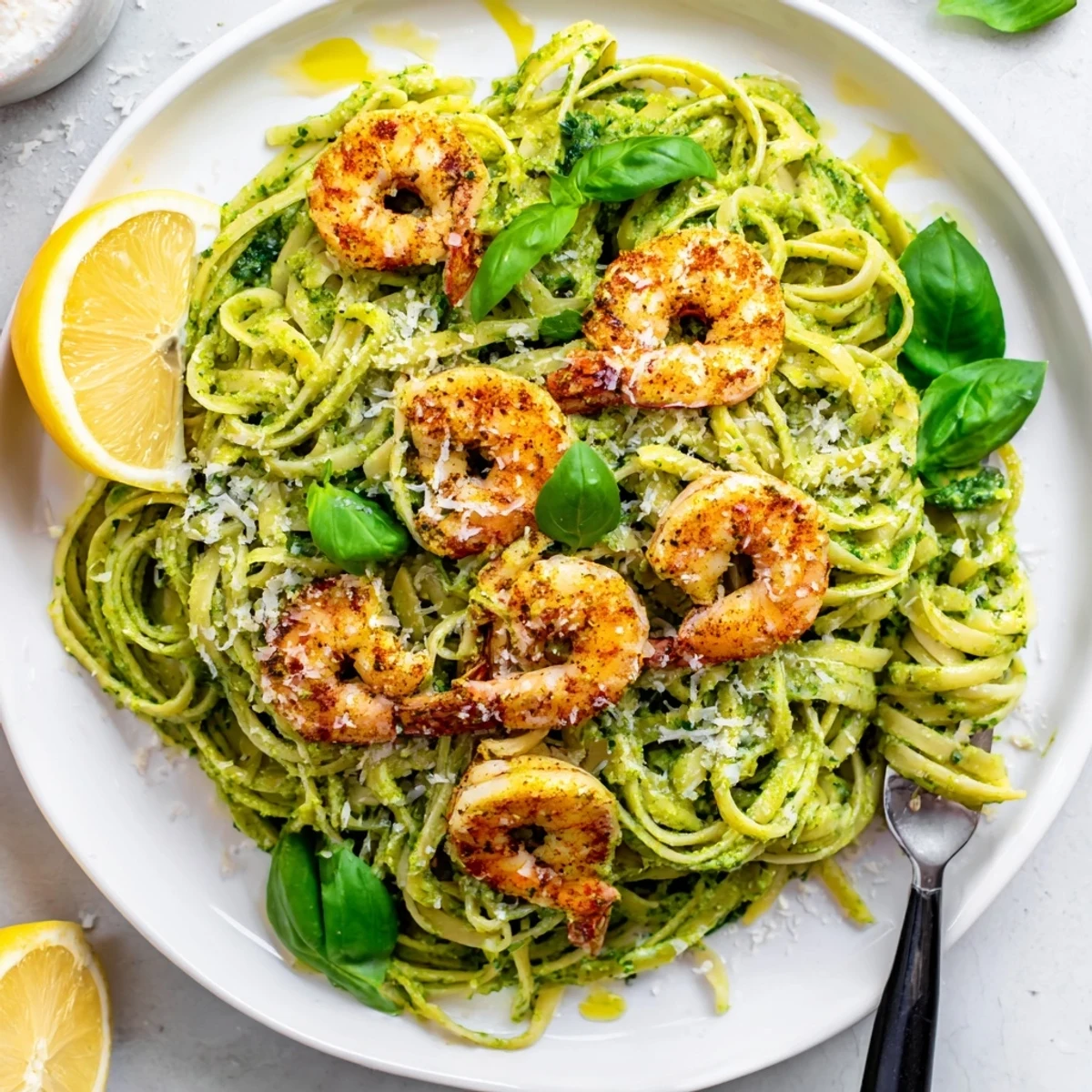 Grilled shrimp stack atop pesto pasta with lemon wedges and basil, perfect for an elegant dinner on a plate.