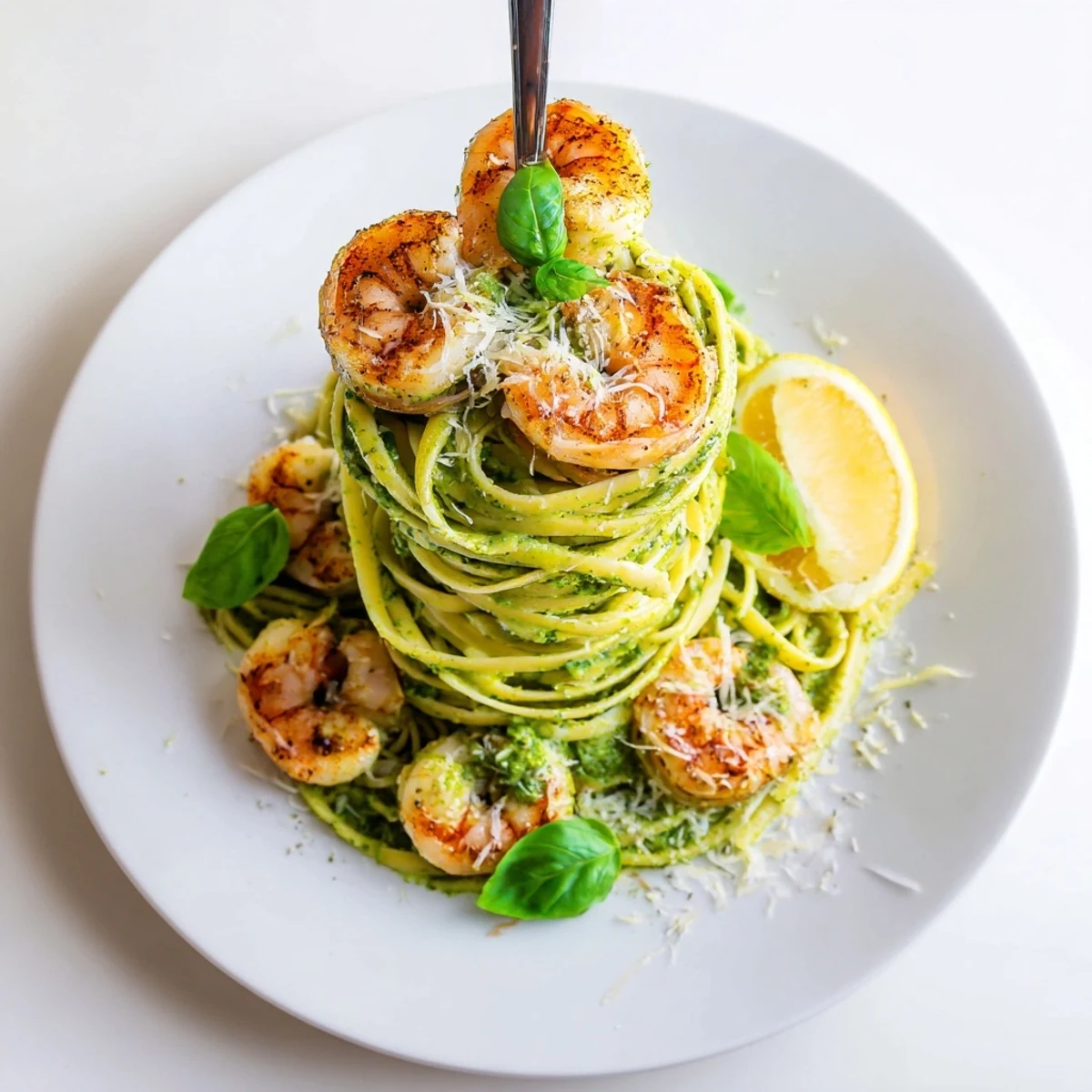 Al dente pesto pasta and smoky grilled shrimp stack served warm, drizzled with olive oil and grated Parmesan.