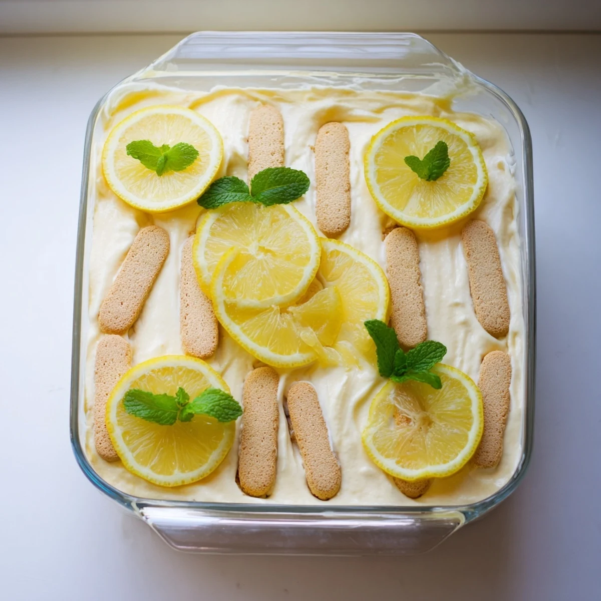 A slice of chilled lemon tiramisu showing golden ladyfingers and tangy lemon cream on a dessert plate.