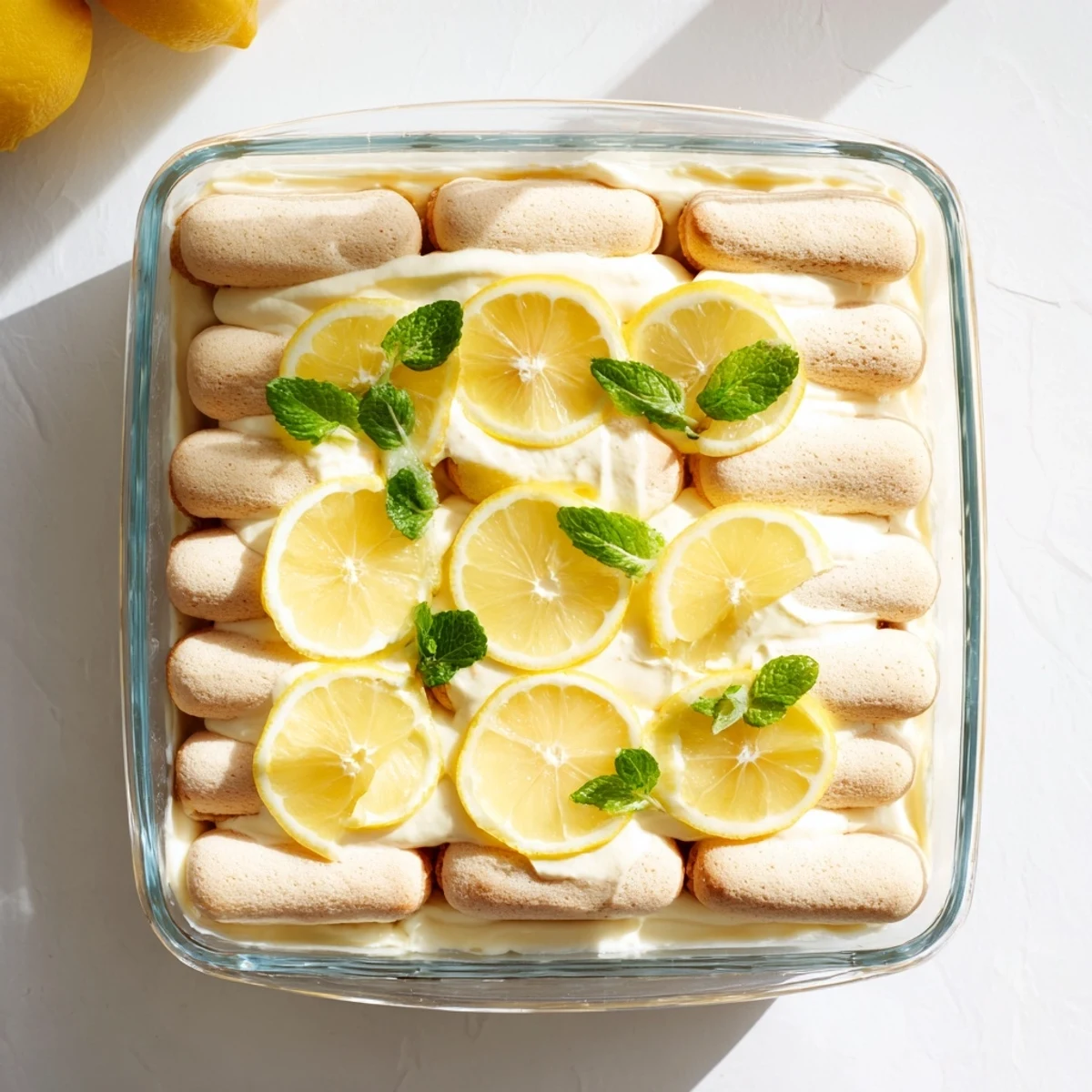 Creamy lemon tiramisu dessert with zesty mascarpone layers and limoncello-soaked ladyfingers garnished with fresh mint.