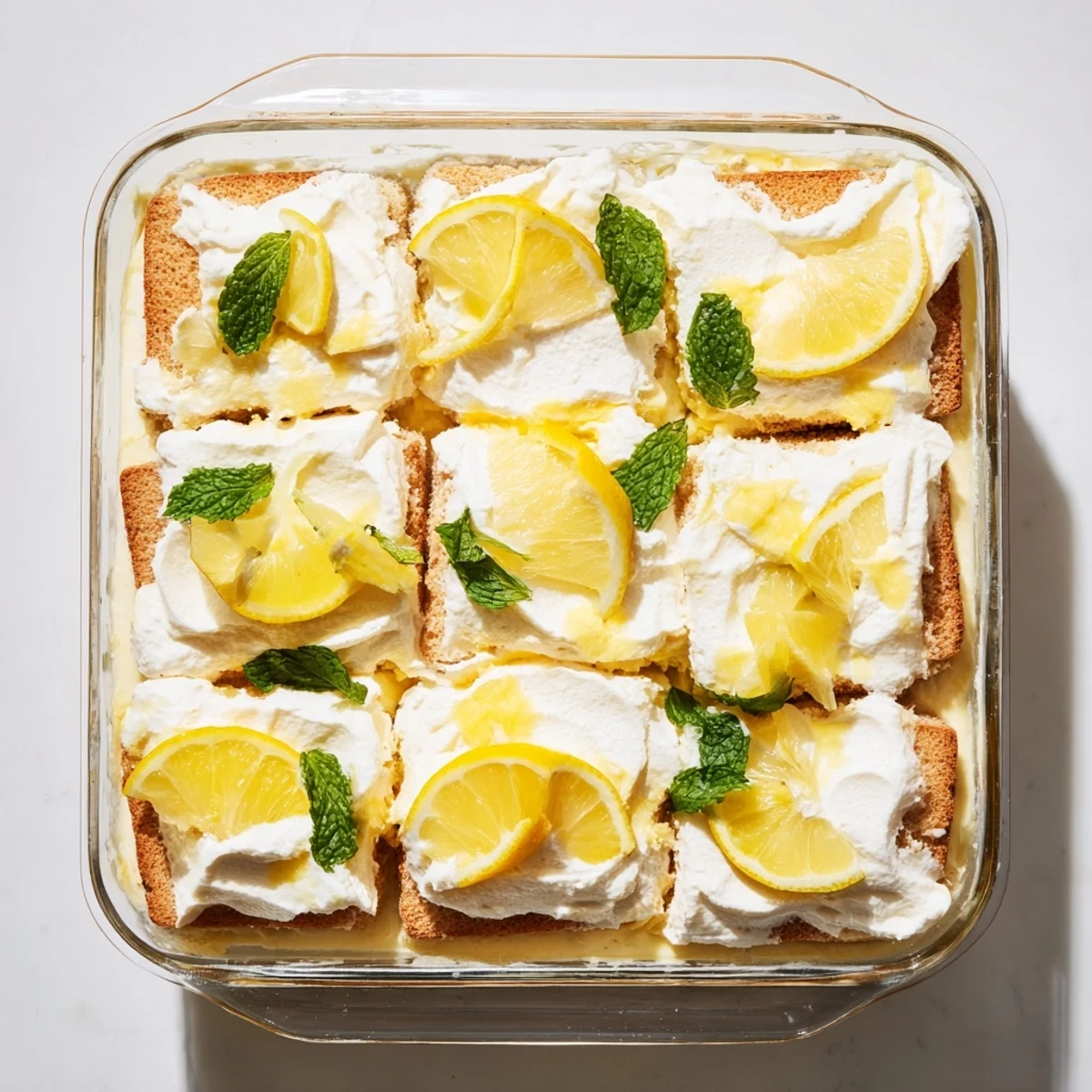 Bright lemon tiramisu dessert topped with sliced lemons, ready to serve at a summer gathering.