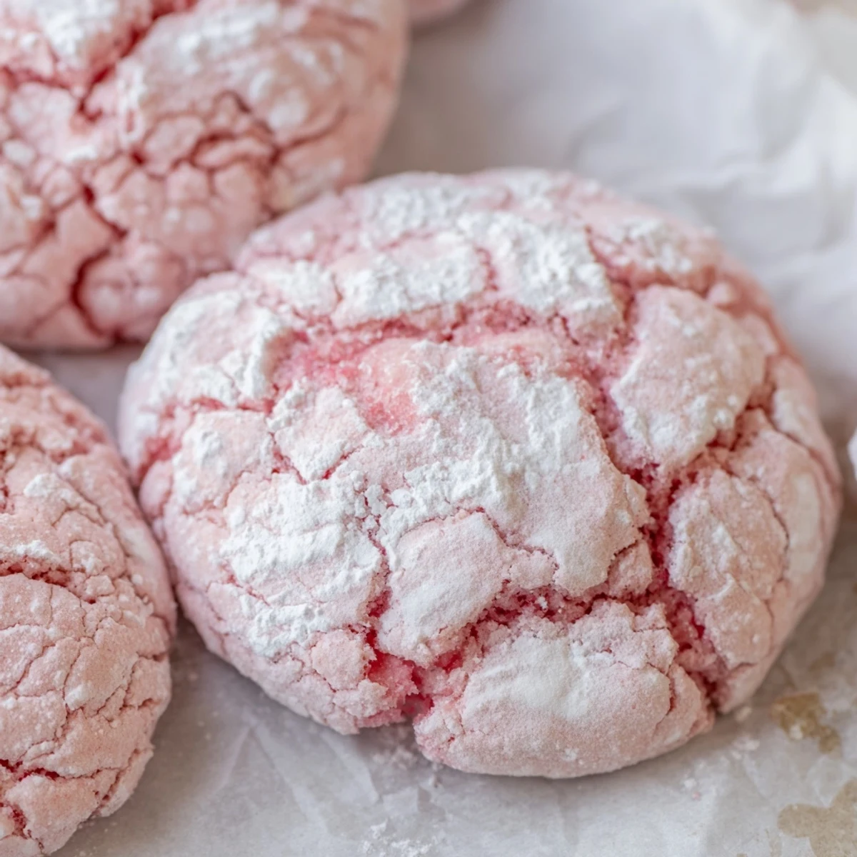 Glistening Easy 5 Ingredient Strawberry Crinkle Cookies rest on a cooling rack with powdered sugar dusting.