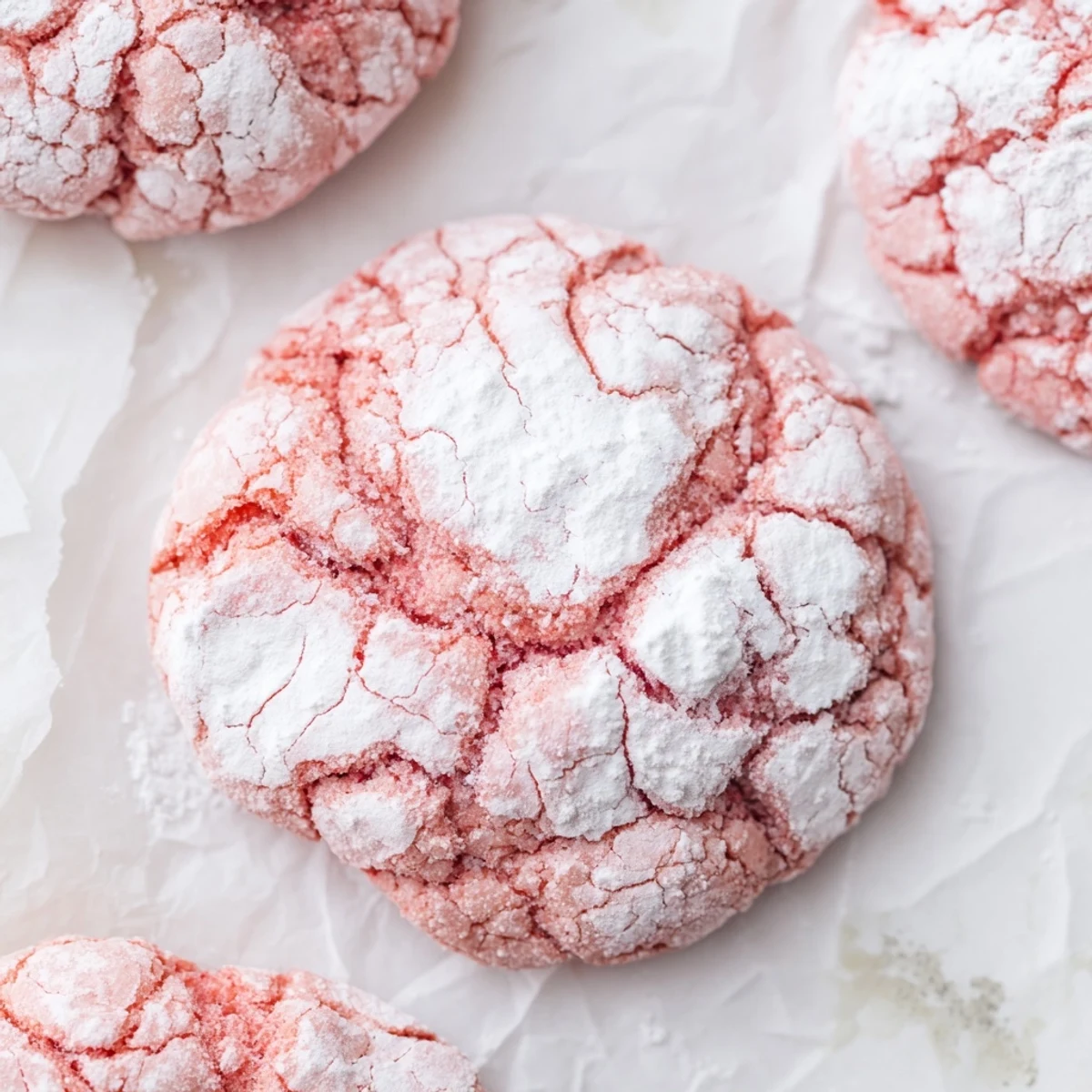 Freshly baked Easy 5 Ingredient Strawberry Crinkle Cookies stacked on a white plate, perfect with cold milk.