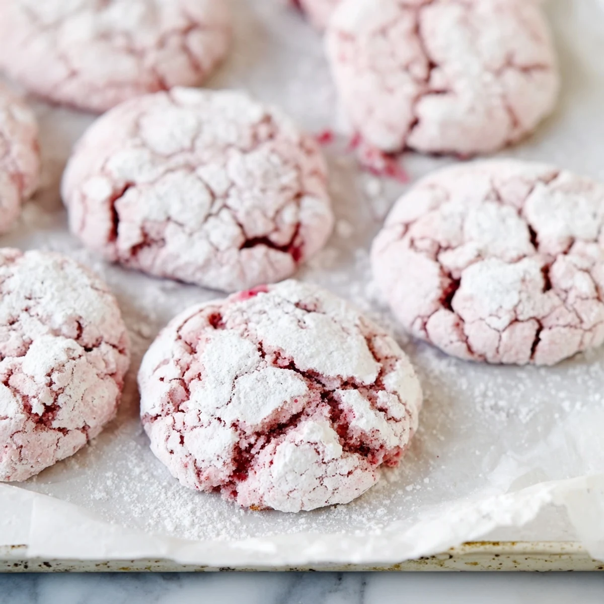 Close-up of soft, chewy Easy 5 Ingredient Strawberry Crinkle Cookies showing crackled tops and vibrant pink berry hue.