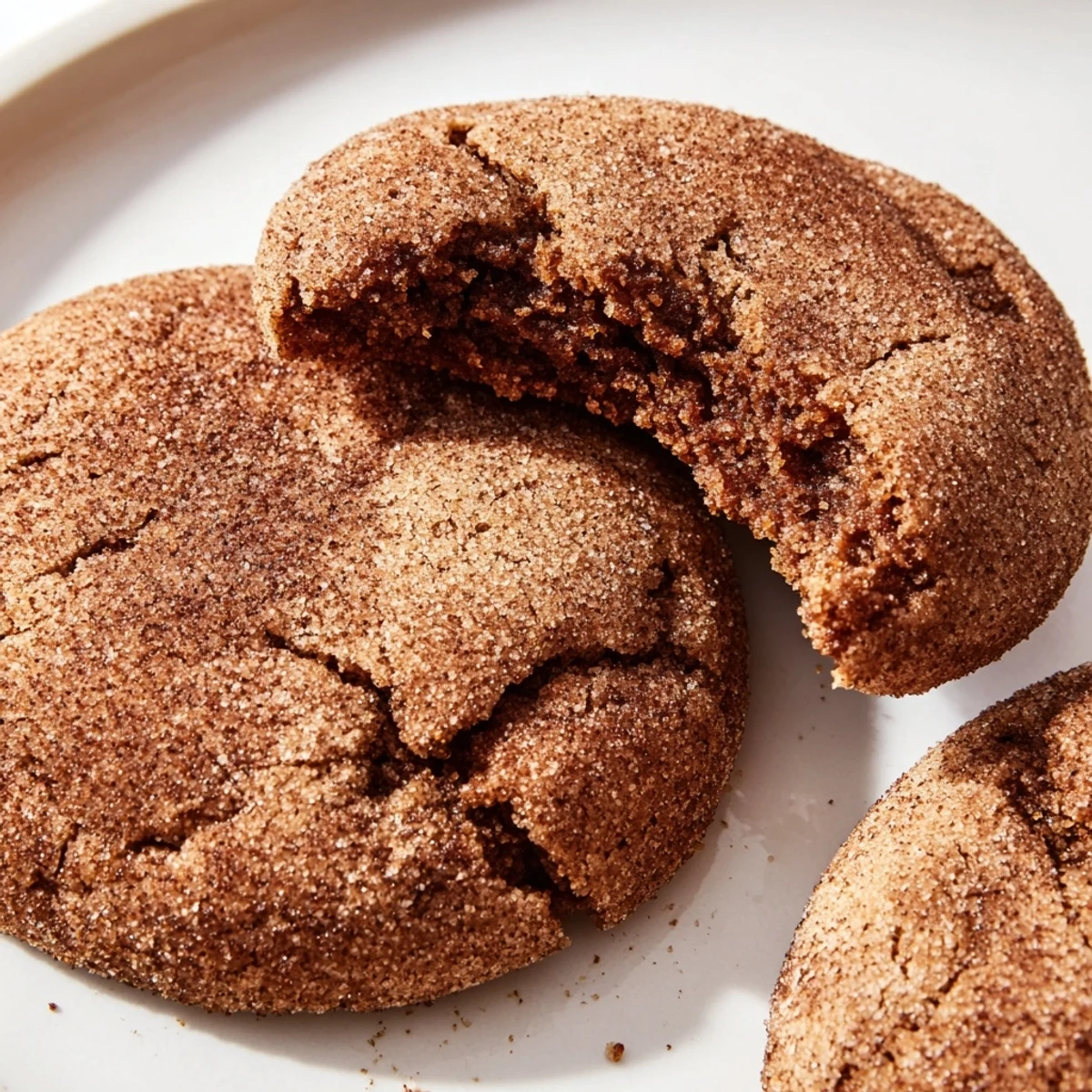 A close-up of freshly baked Chocolate Snickerdoodles with a crackled cinnamon-sugar top.