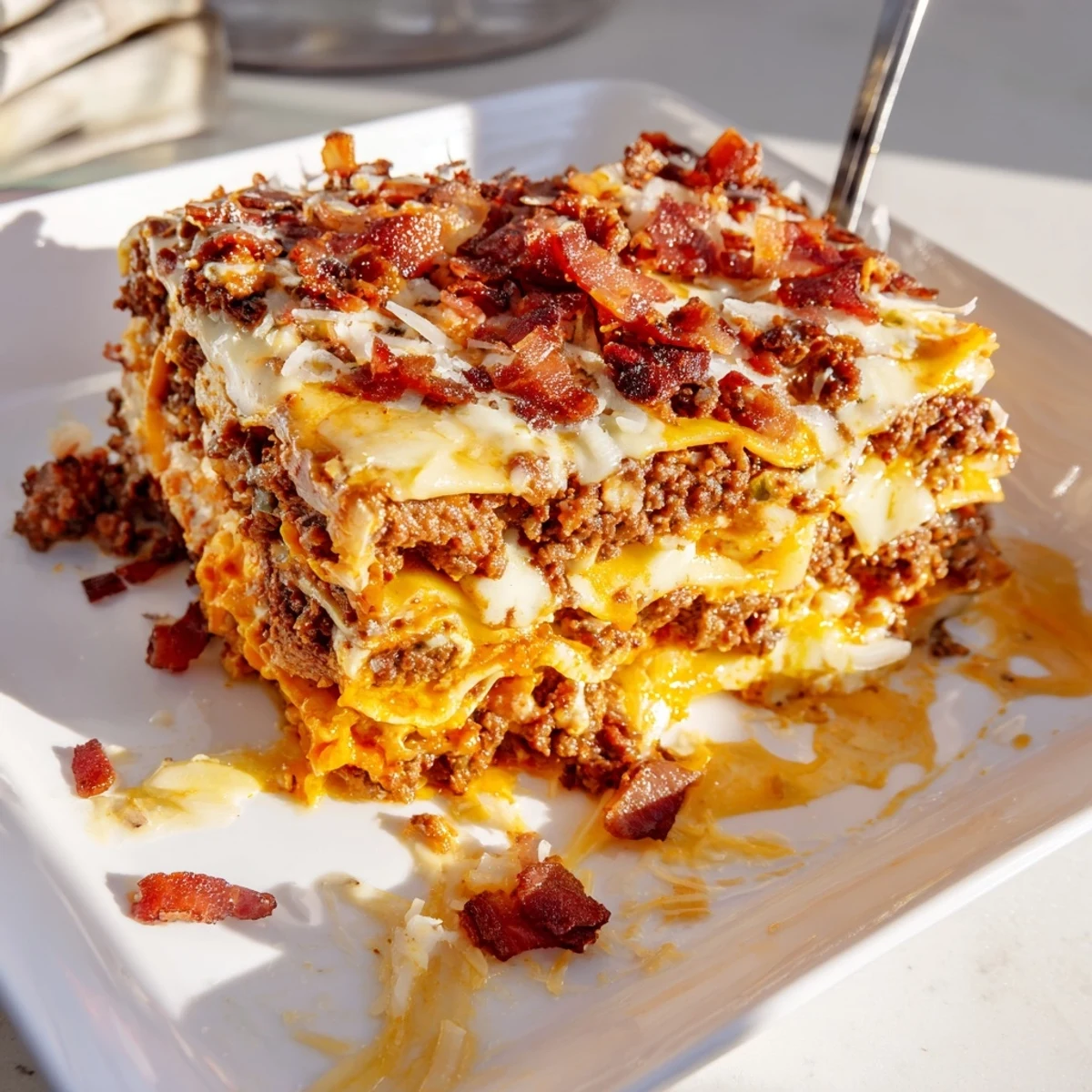 Golden bubbly layers of Lasagna Meets Cheeseburger Parmesan Garlic Bacon Style emerge from the oven with melted cheese and crispy bacon bits.