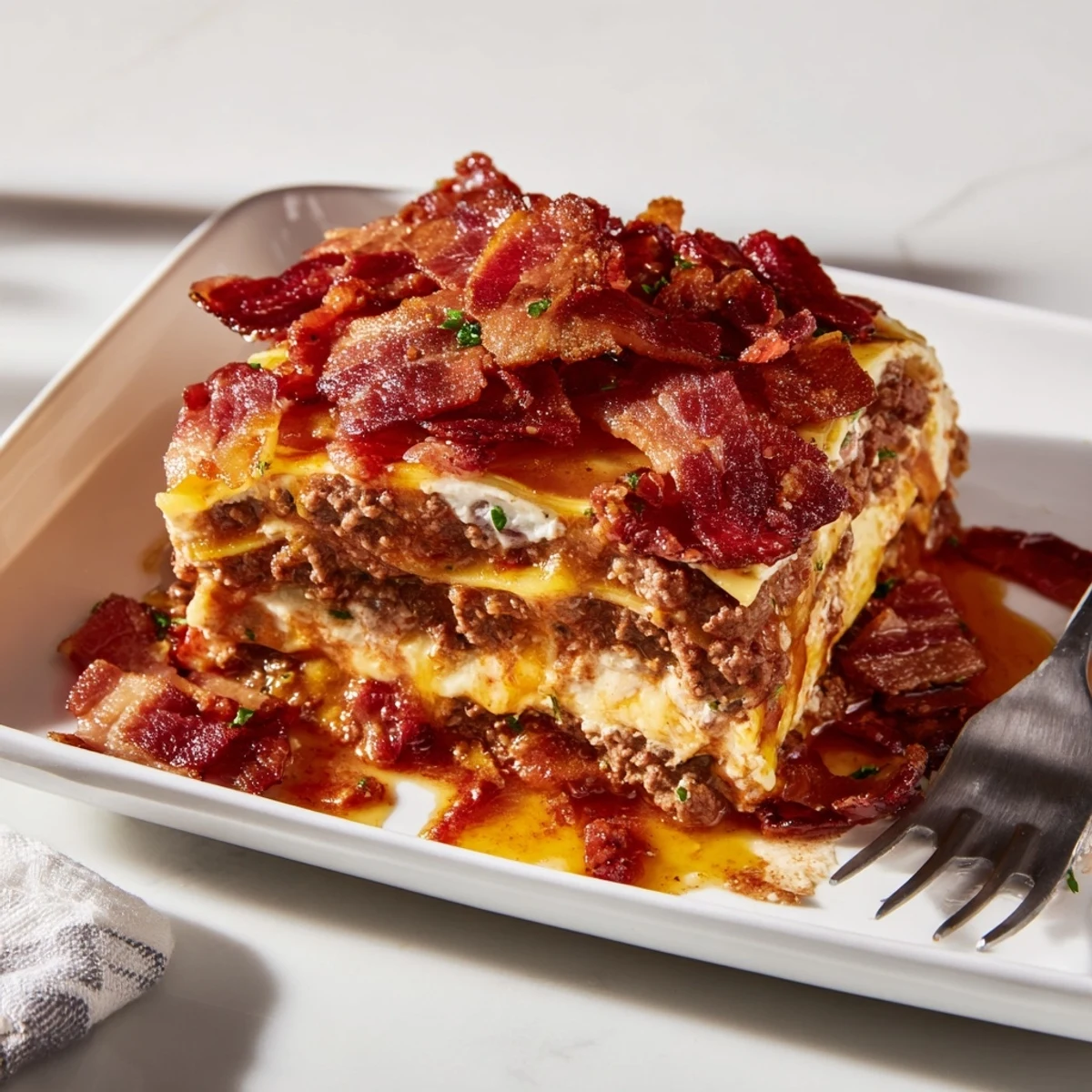 A generous slice of Lasagna Meets Cheeseburger Parmesan Garlic Bacon Style rests on a white plate next to crisp pickle chips and fresh parsley.