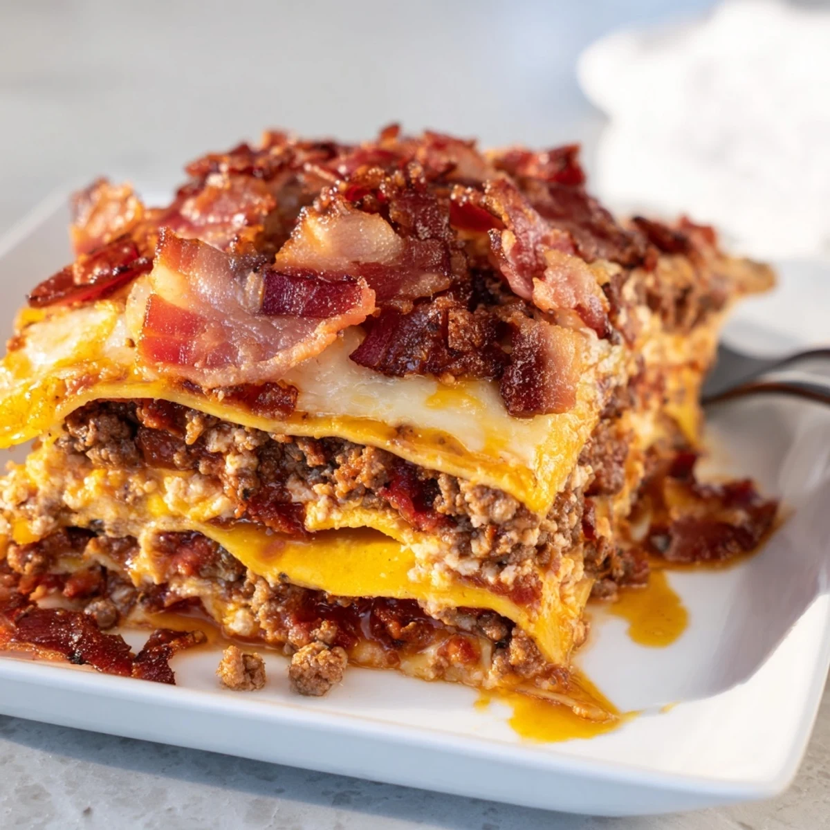 Close-up of Lasagna Meets Cheeseburger Parmesan Garlic Bacon Style showcasing rich meat sauce, creamy ricotta, and a drizzle of parmesan garlic sauce.