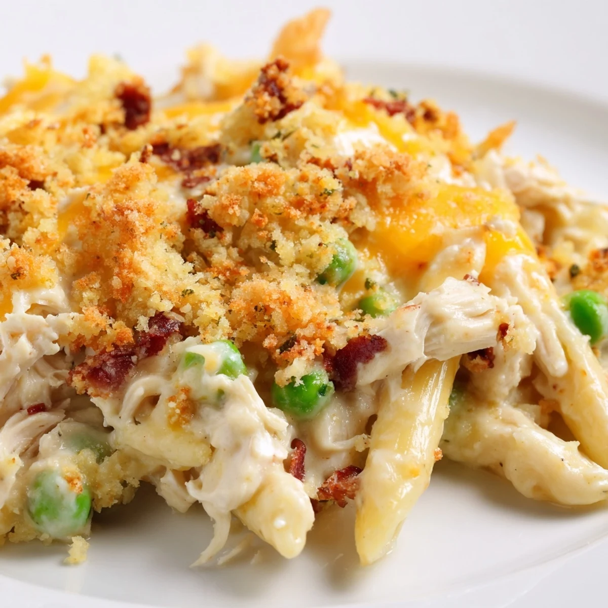 A close-up of the Crazy Good Casserole, revealing melted cheddar and a golden panko crust on the baked pasta dish. 