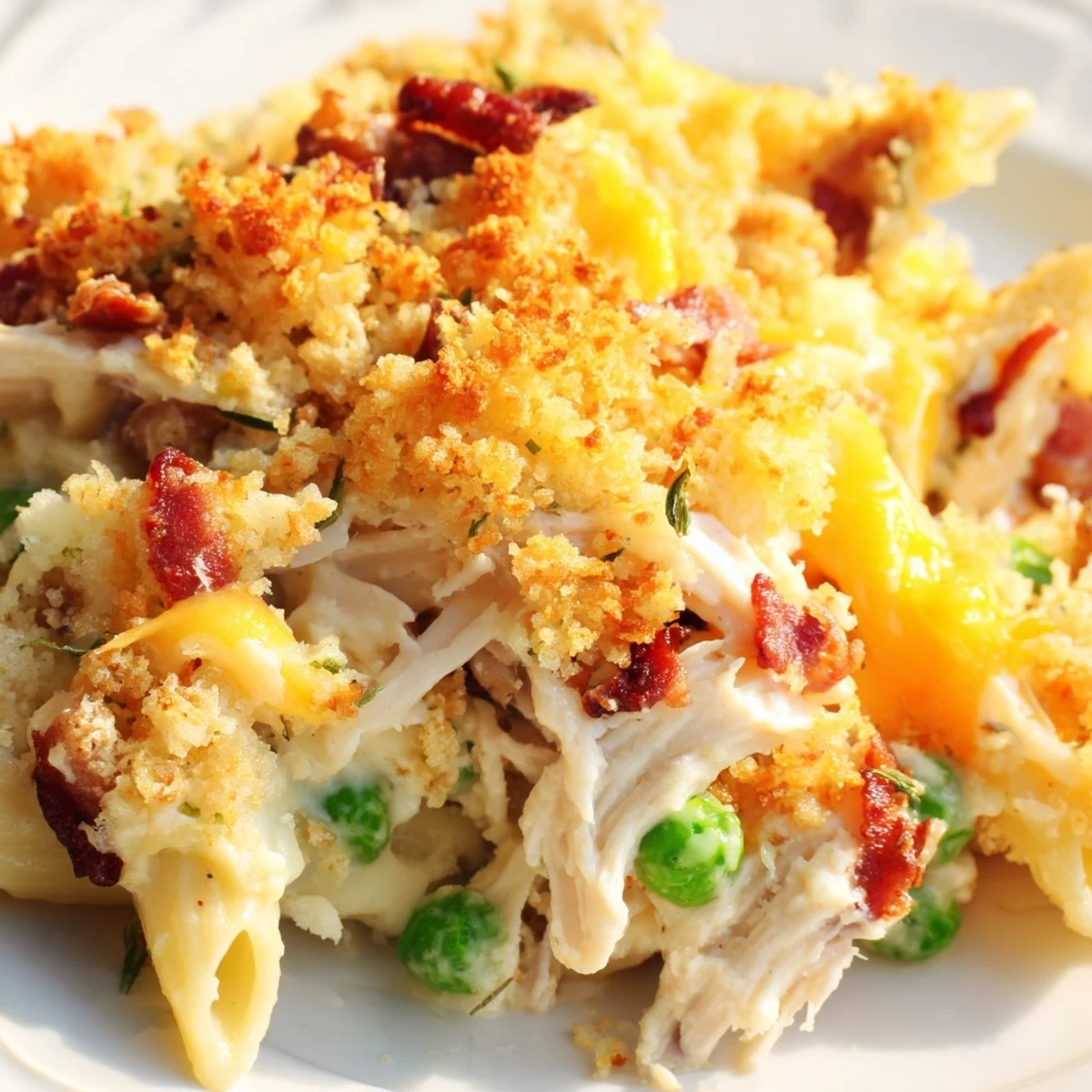 Ready-to-serve Crazy Good Casserole sits on a table, garnished with fresh thyme and ready for a family dinner.