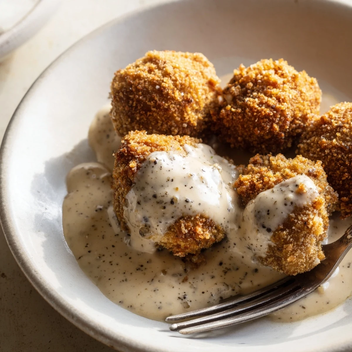 Golden-brown Chicken Fried Mushrooms with Gravy, crispy on a plate with creamy peppery sauce.