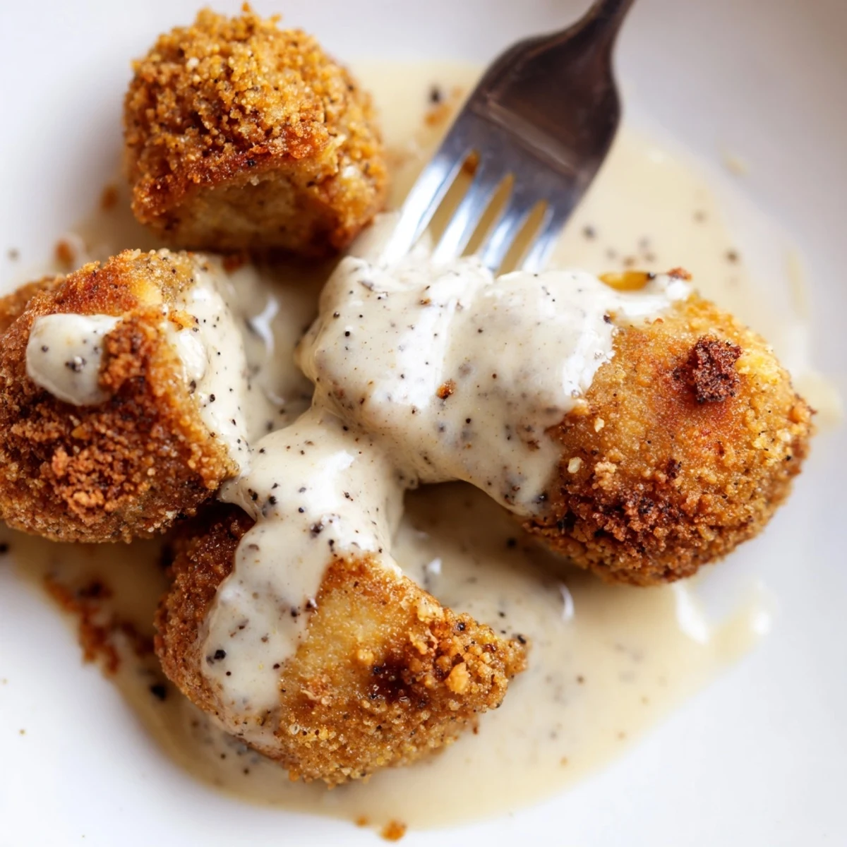 Freshly fried mushrooms with Chicken Fried Mushrooms with Gravy beside mashed potatoes for a hearty meal.