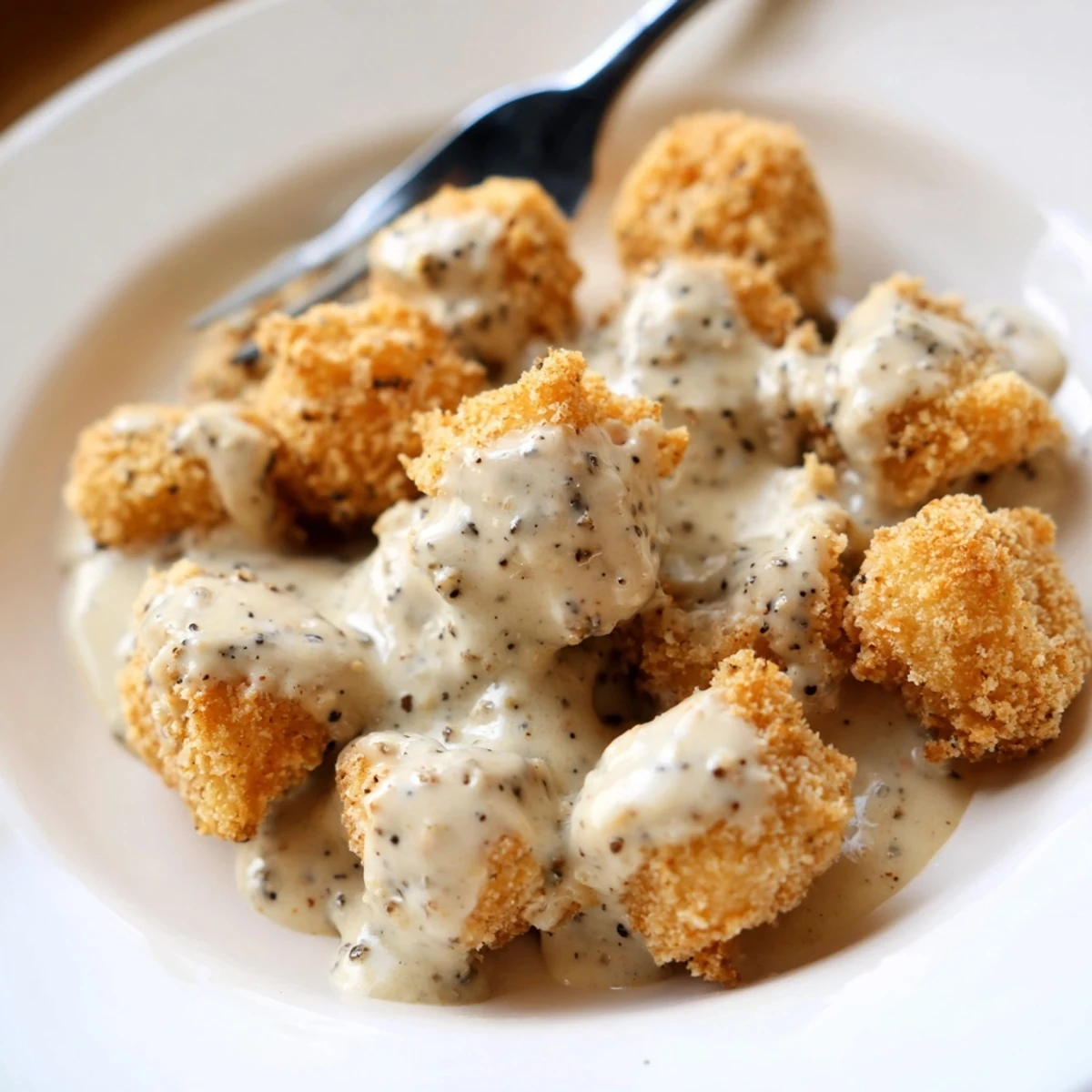 Comforting Chicken Fried Mushrooms with Gravy served on a white plate, ready to enjoy.