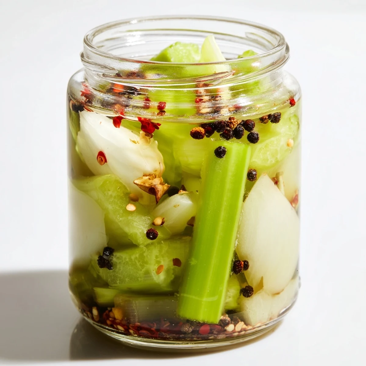 Vibrant green sliced celery and shallots soaking in a bright pickling brine inside a glass jar.