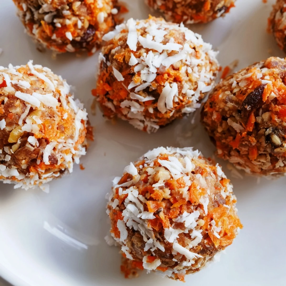 No Bake Carrot Cake Bites rolled in shredded coconut, showing moist texture and fresh grated carrots.