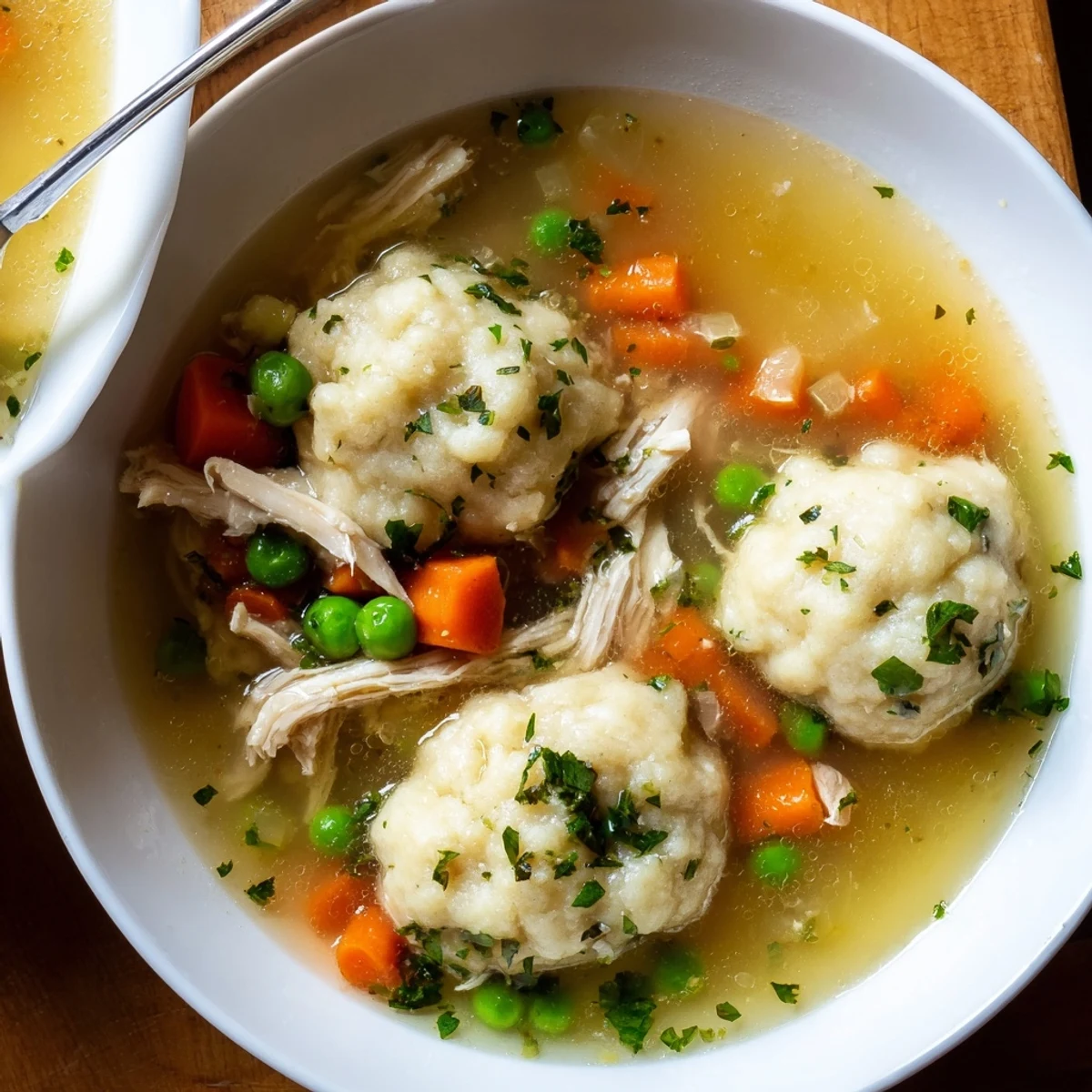 Rustic One Pot Chicken Dumpling Soup in a Dutch oven, featuring pillowy dumplings and vegetables in a creamy, savory broth.