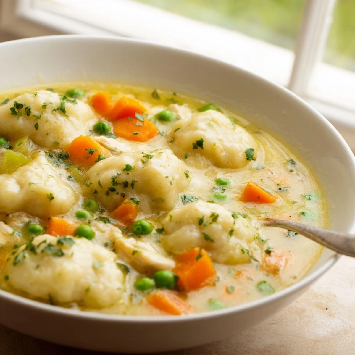 A steaming bowl of One Pot Chicken Dumpling Soup with fluffy dough floating on rich broth beside tender chicken and carrots.