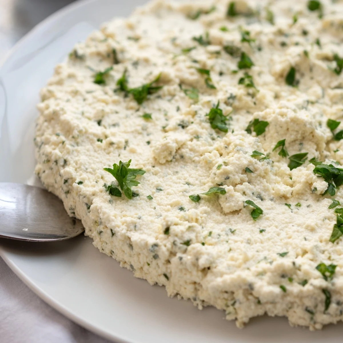 A close-up of creamy homemade Tofu Ricotta in a white bowl, garnished with fresh basil leaves, perfect for vegan lasagna filling.