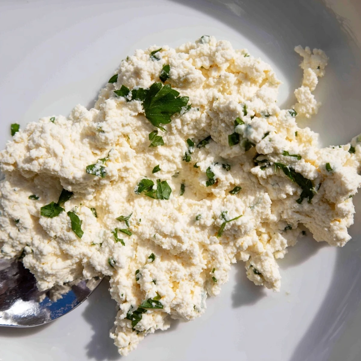 Spoon scooping smooth Tofu Ricotta from a mixing bowl, highlighting its creamy texture and fresh garlic and lemon flavors.