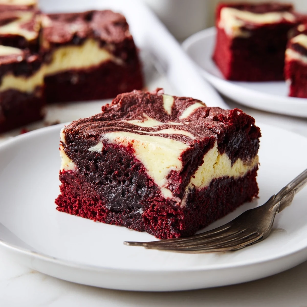 A close-up of Red Velvet Cheesecake Brownies with a rich marbled swirl of red and creamy white toppings.