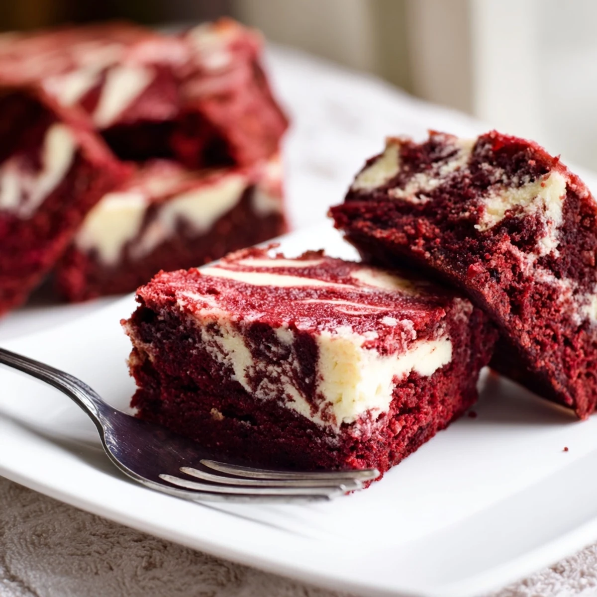 A delicious serving of Red Velvet Cheesecake Brownies on a white plate, ready for a sweet dessert treat.
