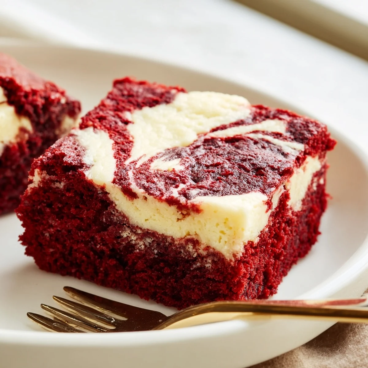 Moist, fudgy Red Velvet Cheesecake Brownies cut into neat squares, showcasing the vibrant red layers and creamy cheesecake.