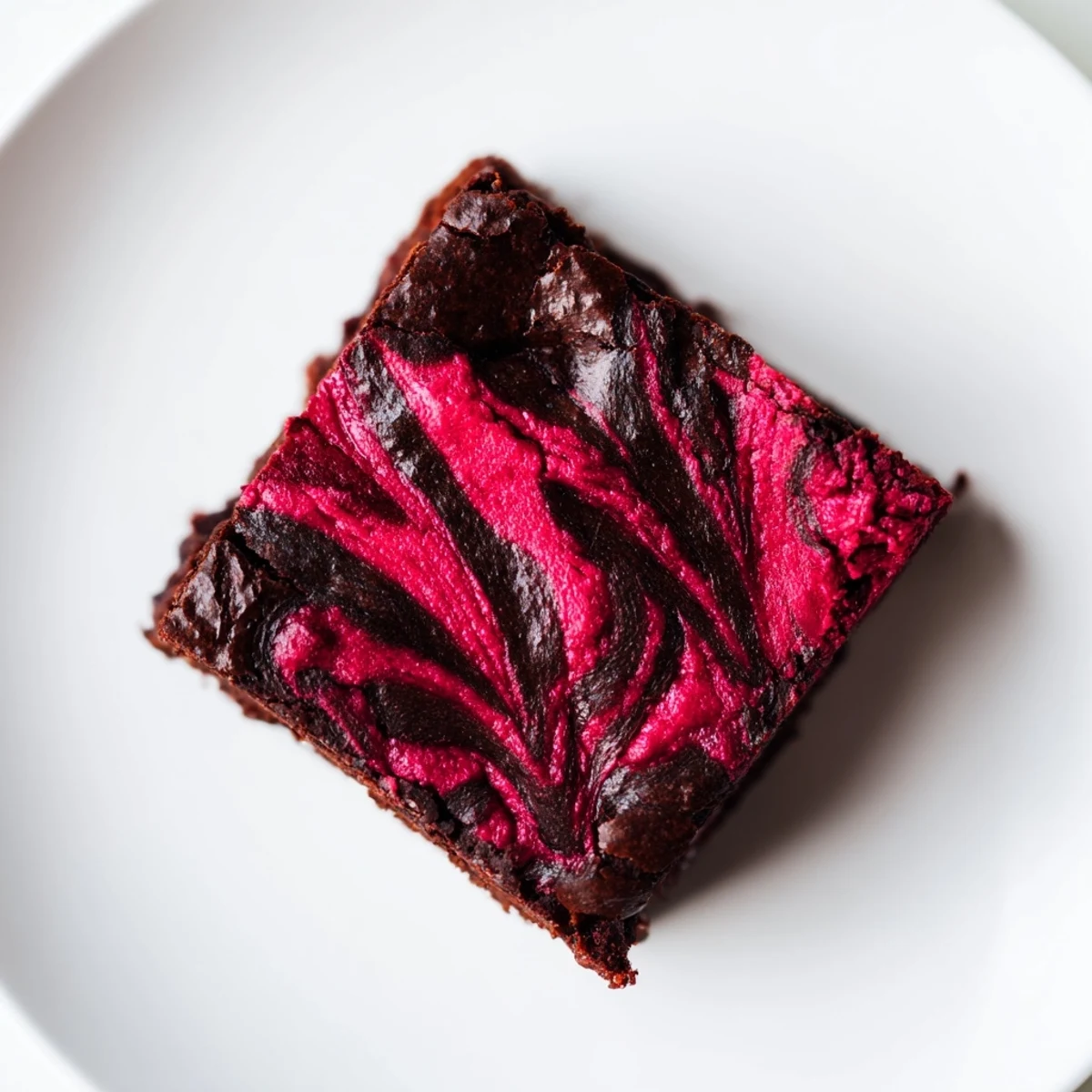 Fudgy Raspberry Swirl Brownies with marbled red patterns on a wooden cutting board, ready to serve.