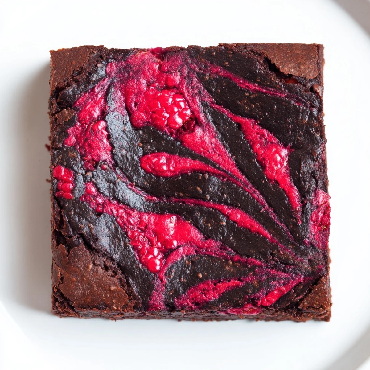 A close-up of Raspberry Swirl Brownies highlighting their glossy chocolate tops and tangy raspberry veins.