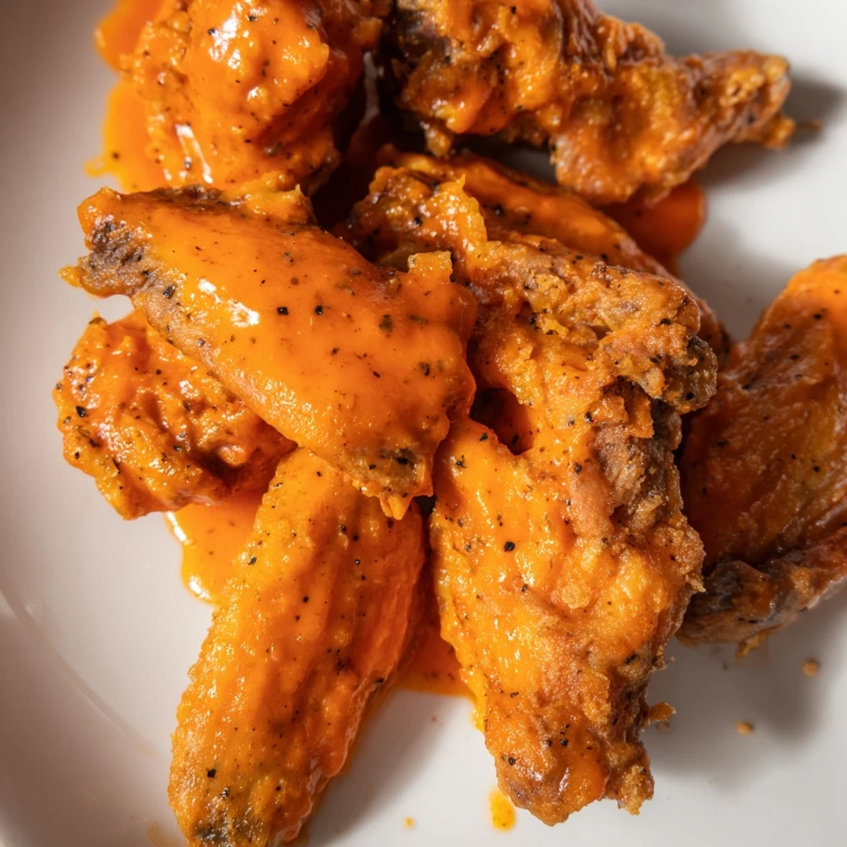 Golden-brown Crispy Smoked Buffalo Wings glistening with tangy buffalo sauce, served with fresh celery sticks and creamy dip.