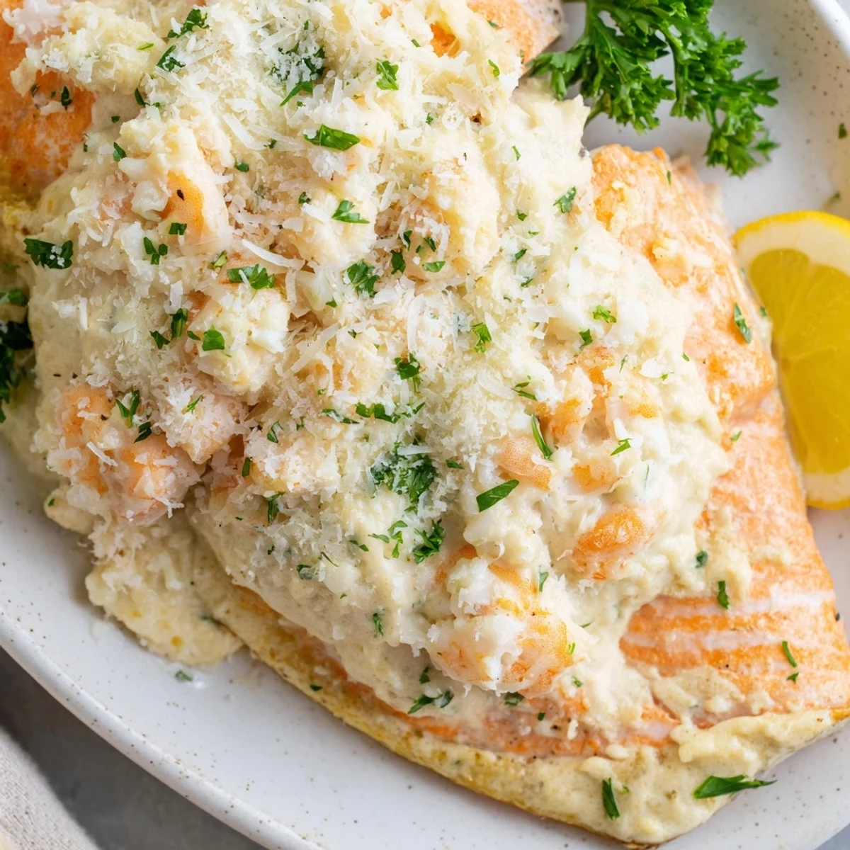 Perfectly baked Crab & Shrimp Stuffed Salmon fillets with golden Parmesan topping on a white plate.