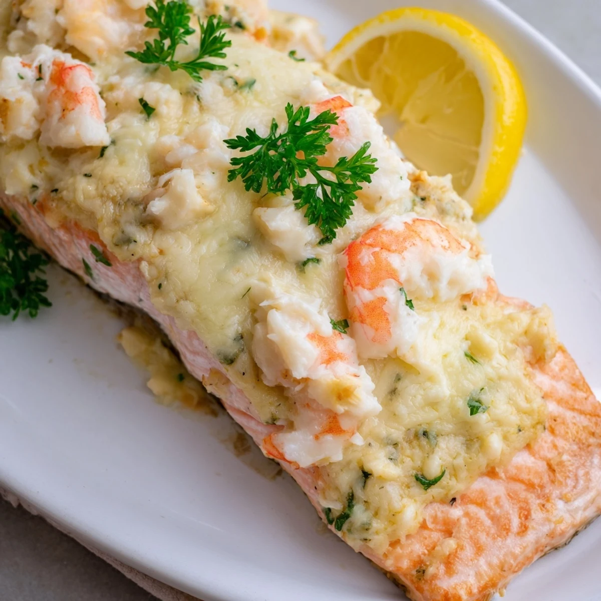 Close-up of Crab & Shrimp Stuffed Salmon revealing a creamy seafood filling inside moist salmon.