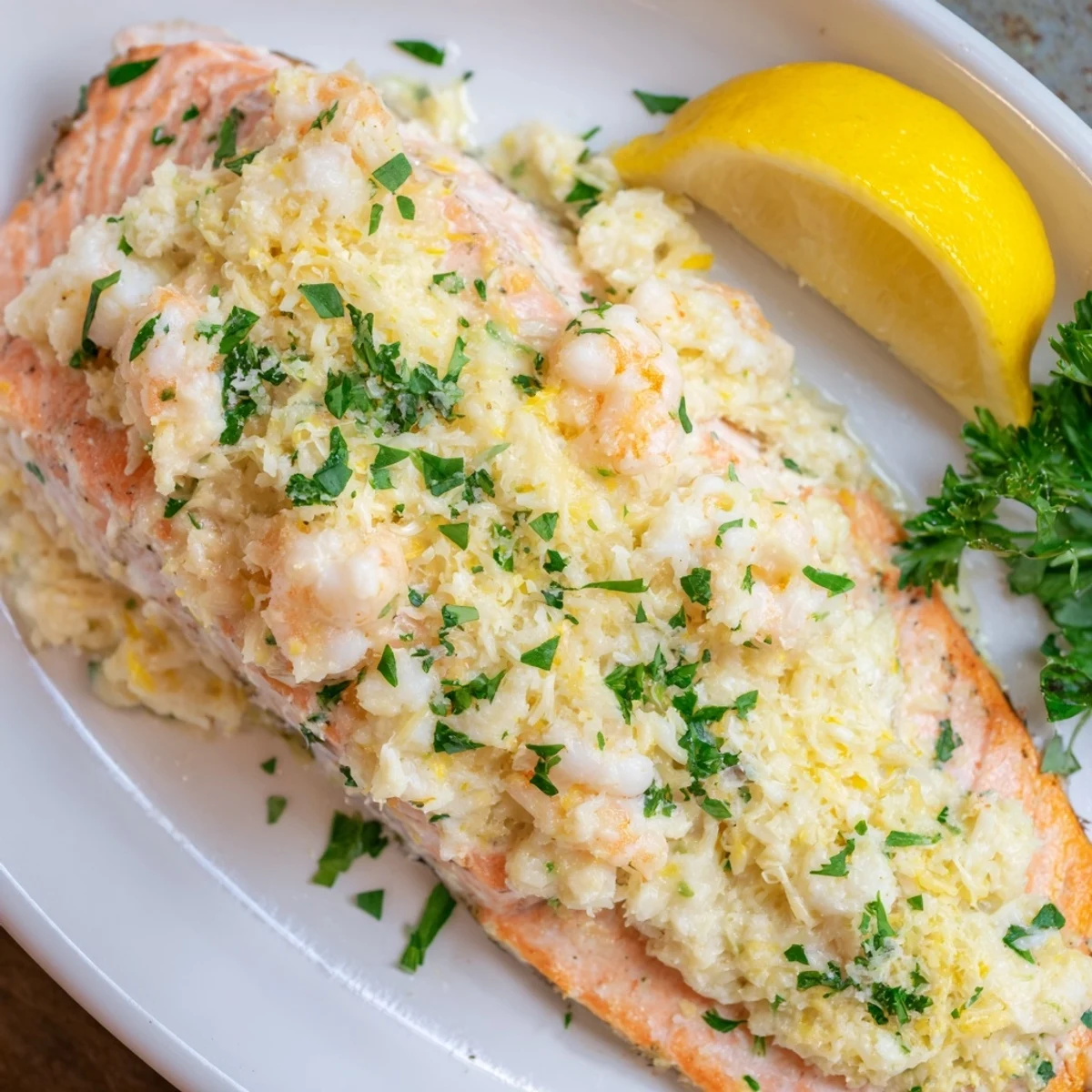 Golden-brown Crab & Shrimp Stuffed Salmon served with lemon wedges and fresh parsley garnish.