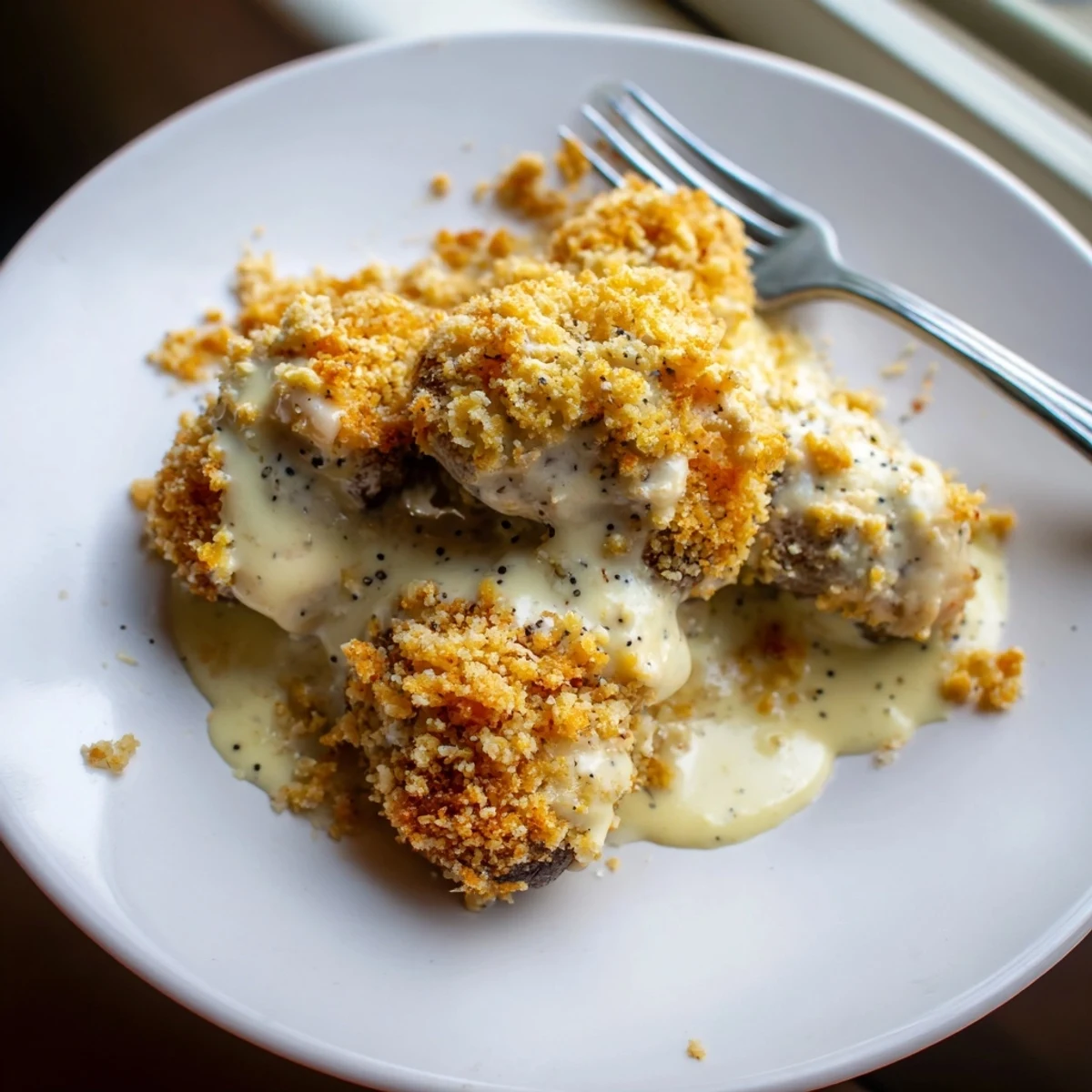 Golden fried mushrooms with gravy stacked on a plate, garnished with fresh parsley for the Chicken Fried Mushrooms with Gravy recipe.