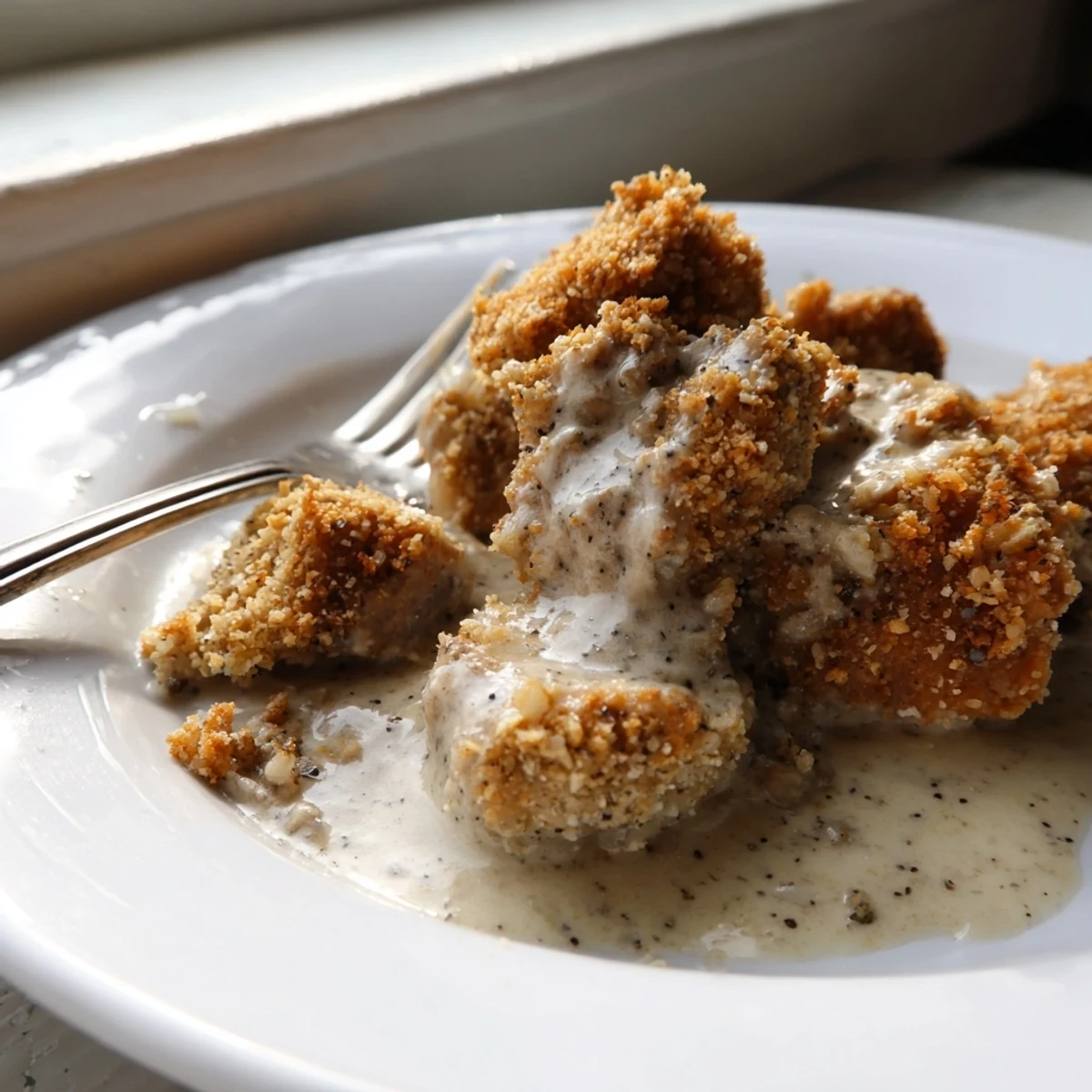 Platter of vegetarian Chicken Fried Mushrooms with Gravy served beside mashed potatoes, perfect for a Southern-inspired dinner.