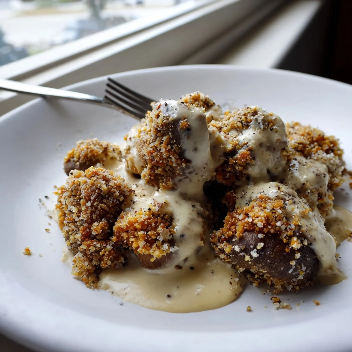 A close-up of crispy, breaded Chicken Fried Mushrooms with Gravy drizzled with creamy peppery sauce in a rustic bowl.
